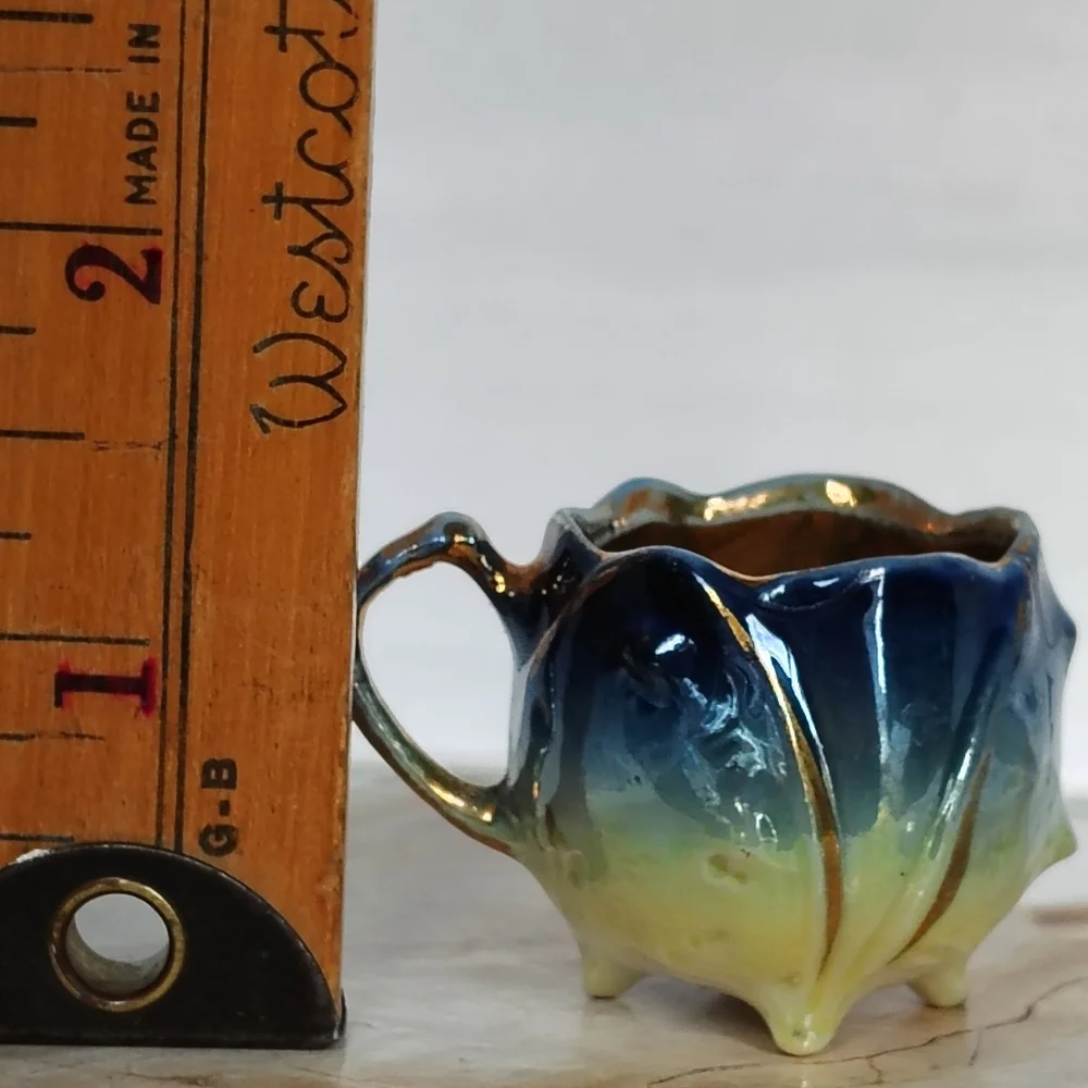 Miniature Ruffle Edge Tea Cup Saucer Blue Seaweed Yellow Gold Gilded Blowfish